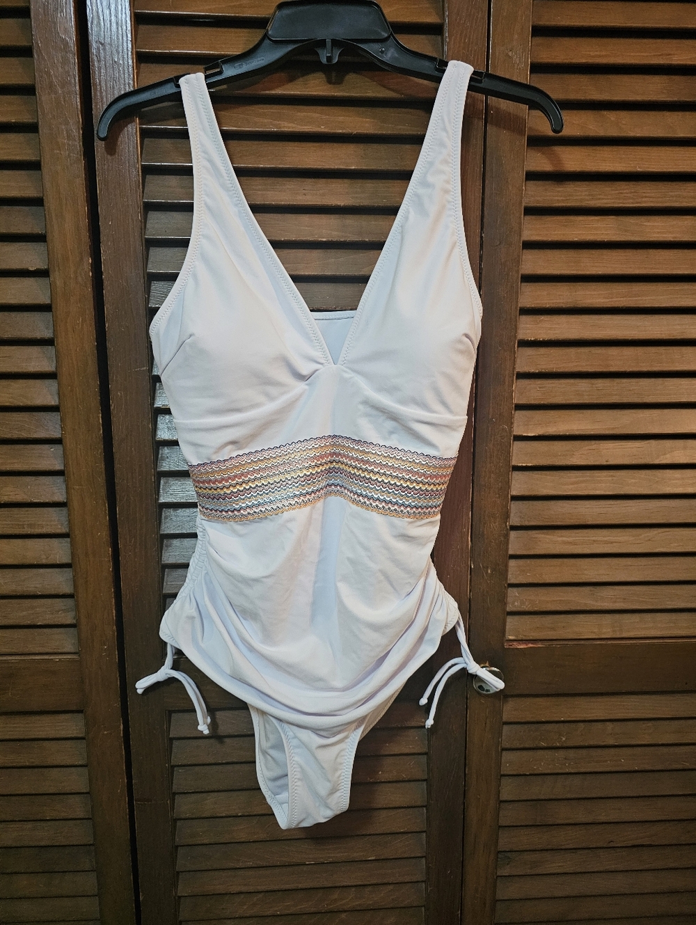 NWT Blooming Jelly White One-Piece Swimsuit Deep V Embriodered Waist Medium
